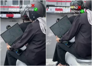 Viral Video Wanita Buka Google Maps Menggunakan Laptop saat Membonceng Motor